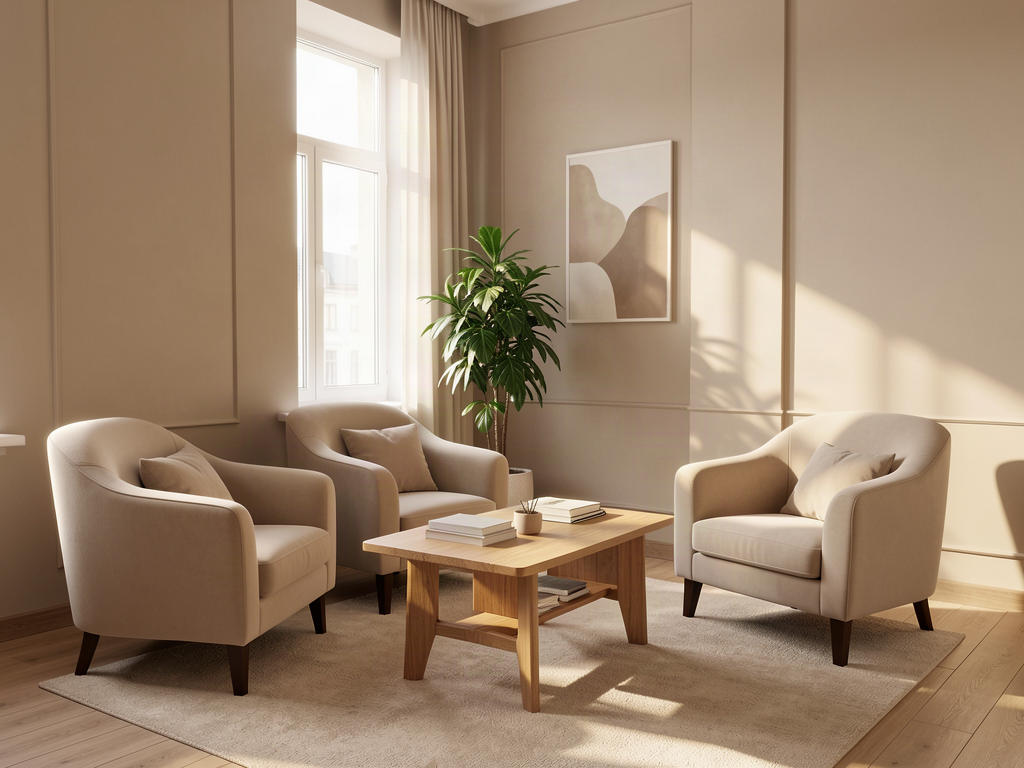 Warm tranquil psychologist office in Moscow with comfortable beige armchairs, morning natural sunlight, oak table, green plant and minimalist aesthetic in taupe and ivory colors